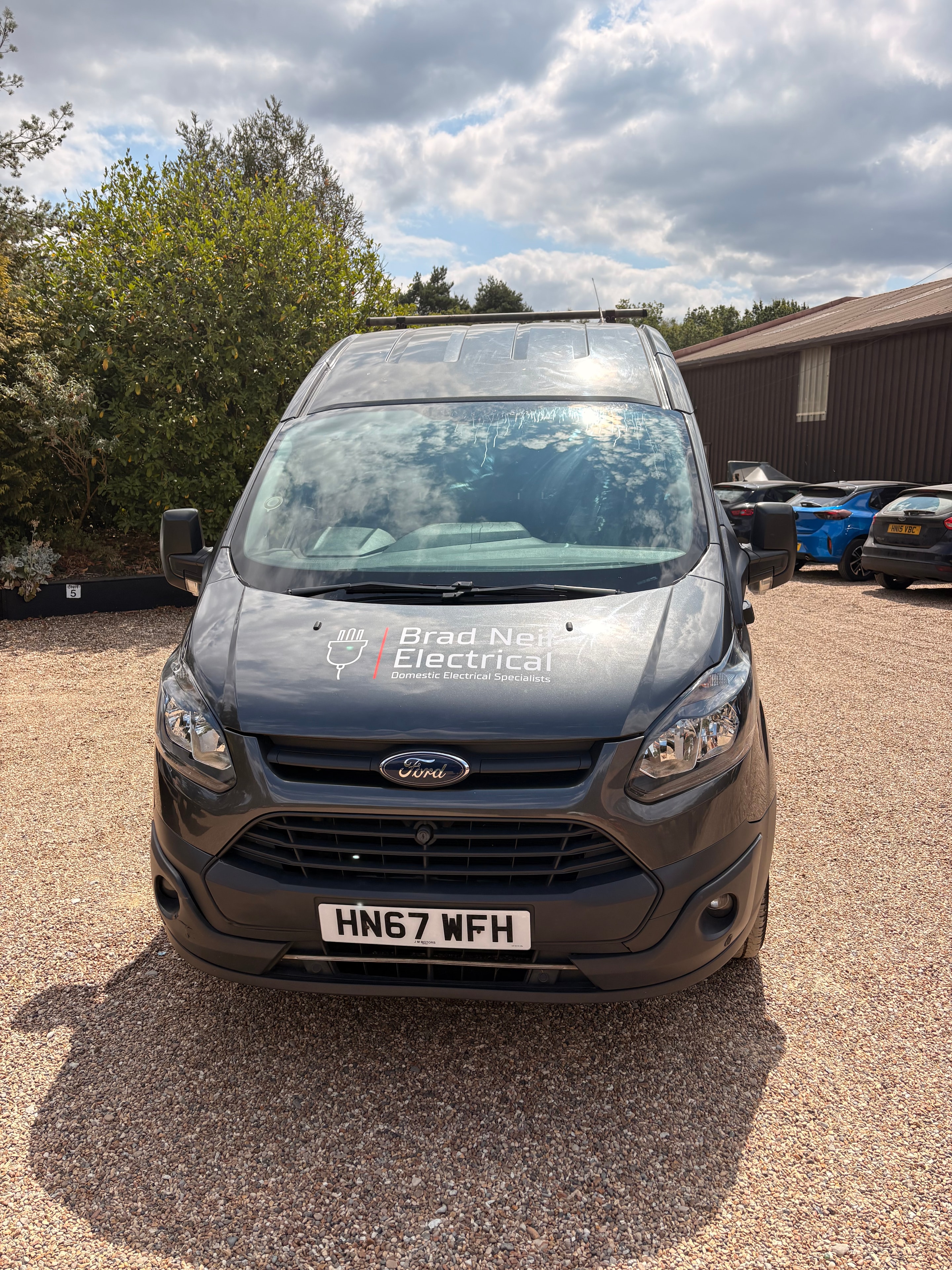 Brad Neil Electrical van — front view showing logo and Domestic Electrical Specialists branding on the windscreen surround