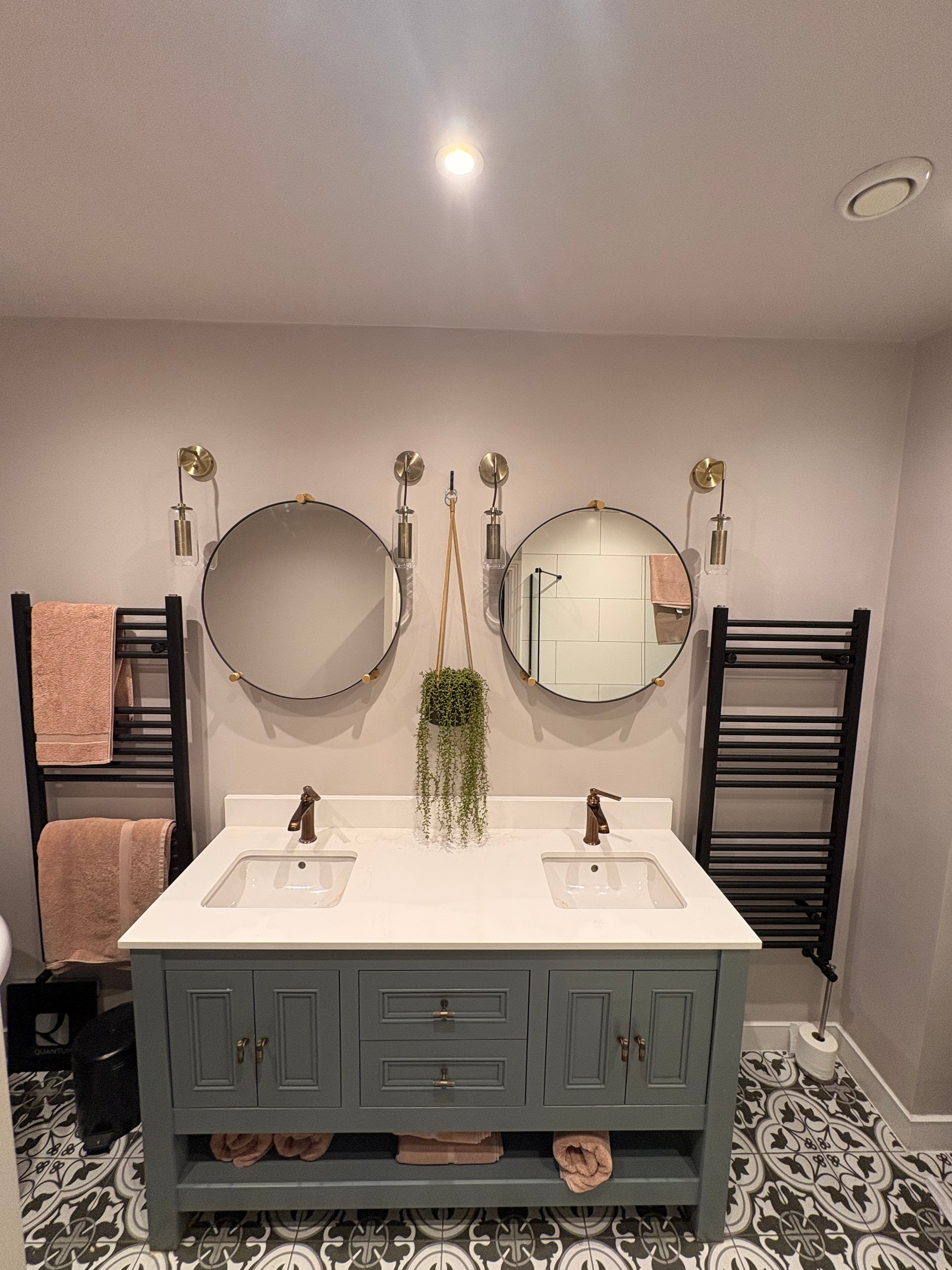 Bathroom before — second view showing the original light positions prior to additional installation
